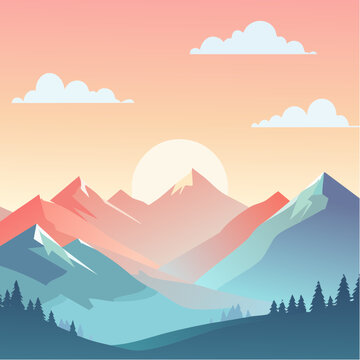 Mountain landscape with sunset and clouds