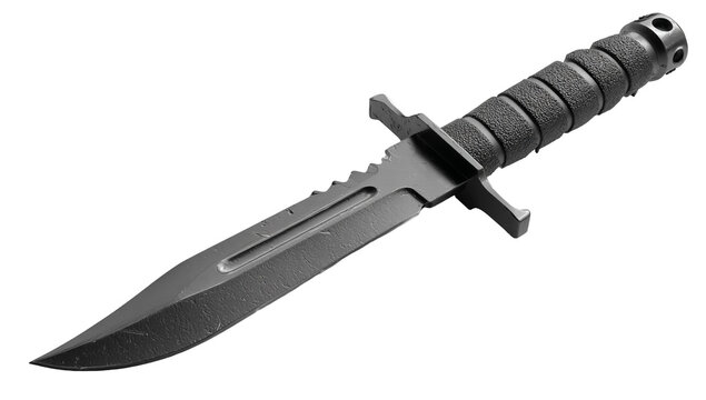 Black hunting knife isolated on transparent background, a sharp tool for outdoor activities