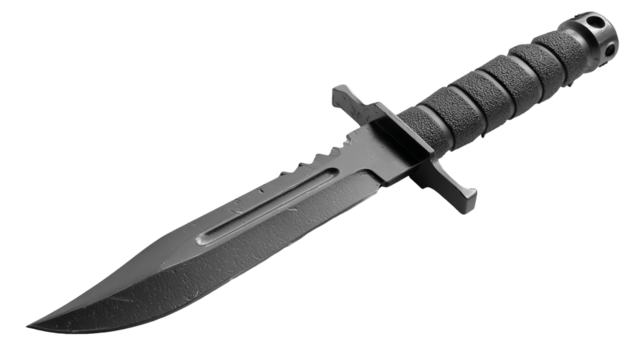 Black hunting knife isolated on transparent background, a sharp tool for outdoor activities