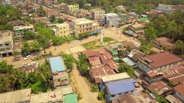  Futuristic aerial view panorama of developing Yangon city , Aerial view of Sule pagoda in downtown, Yangon, Myanmar. Sule Pagoda located in the heart of Yangon, Karaweik royal barge, Kandawgyi Lake, 
