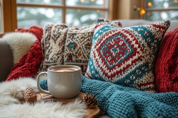 Coffee cup on couch with blanket.