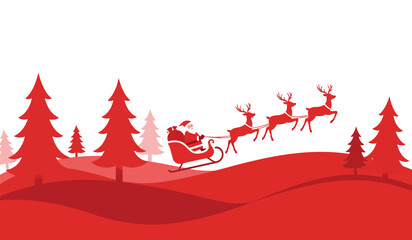 Santa claus and reindeer sleighing through snowy winter landscape with silhouette christmas trees festive holiday scene isolated on white background