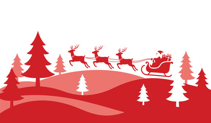 Festive red christmas scene with santa claus in sleigh pulled by reindeer over snowy hills and pine trees isolated on white background