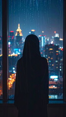 Silhouette Hijab Woman Looking Out Rainy Window at Night City Lights