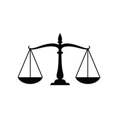 Symbolic illustration of black silhouette of antique justice scales or balance scales representing law fairness and legal decisions