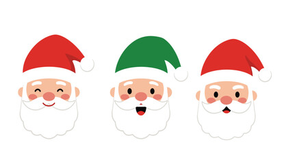 Three cheerful santa claus faces with red and green hats expressing different emotions for festive christmas celebrations and holiday season isolated on white background