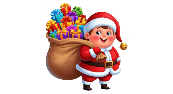 Cute cartoon santa claus with sack full of colorful gifts ready for christmas delivery