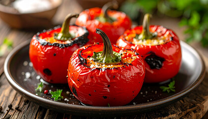 Charred roasted red peppers macro on rustic wooden background