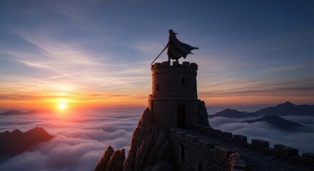Warrior on castle tower at sunrise above clouds