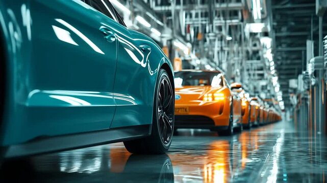 Electric Cars in Futuristic Factory Assembly Line with Bright Overhead Lighting
