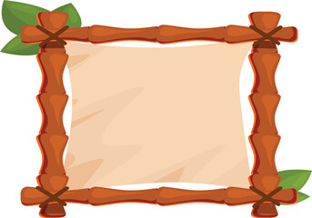 Bamboo frame is holding empty canvas decorated with tropical leaves, creating exotic advertisement space