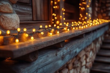 Wooden shelf with lights.