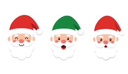 Three cheerful santa claus faces expressing different emotions wearing red and green hats festive holiday characters for christmas celebration isolated on white background