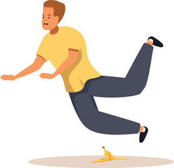 Cartoon character falling down after slipping on banana peel, accident and clumsiness concept