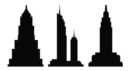 Black silhouette of modern skyscrapers against a plain white background