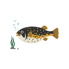Whimsical cartoon pufferfish with spikes and bubbles swimming in a clear ocean environment with seaweed