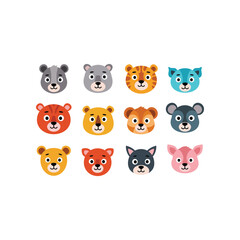 Collection of twelve adorable cartoon animal faces including bears tigers dogs and pigs in bright colors and simple styles