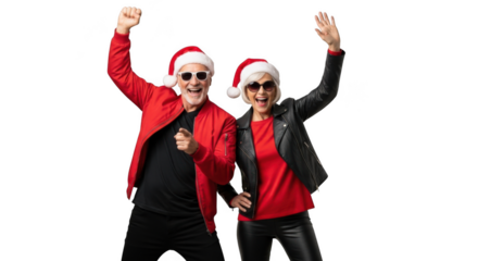 Joyful seniors celebrating holidays wearing santa hats and sunglasses dancing with arms raised