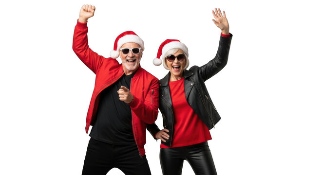 Joyful seniors celebrating holidays wearing santa hats and sunglasses dancing with arms raised - Powered by Adobe