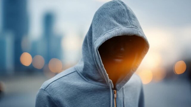 Mystery in the City: A hooded figure stands shrouded in shadow, a silent observer amidst the urban backdrop, evoking a sense of enigma.