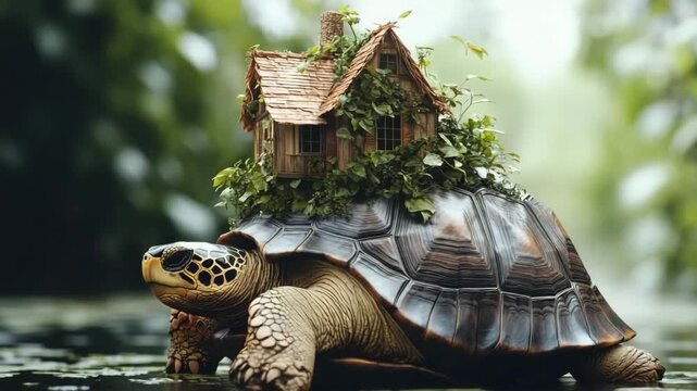 Unique turtle carrying a small house on its back surrounded by misty water on a calm day