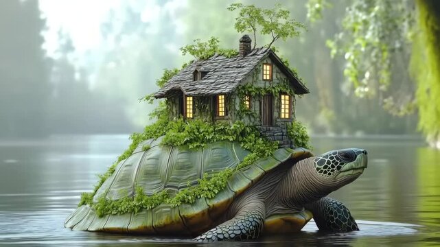 Unique turtle carrying a small house on its back surrounded by misty water on a calm day