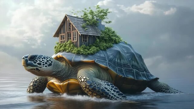 Unique turtle carrying a small house on its back surrounded by misty water on a calm day