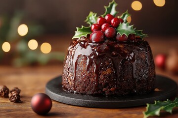 Chocolate-covered Christmas pudding topped with holly.
