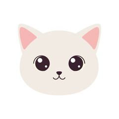 Adorable kawaii style cartoon cat face with big expressive eyes and pink ears on a clean white background