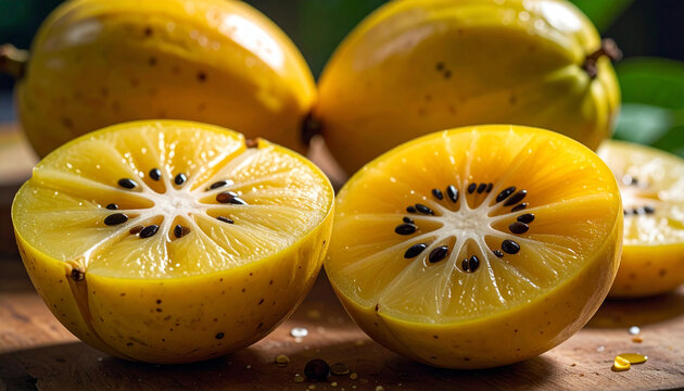 Macro close-up of sliced fresh mangaba fruit in soft tropical daylight