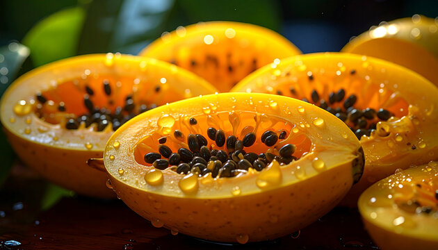 Fresh mangaba fruit sliced, macro detail in soft tropical daylight