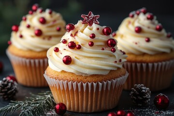 Cream-frosted cupcakes topped with cranberries.