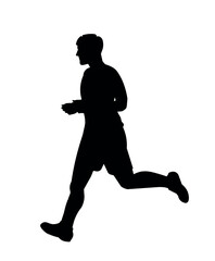 Black silhouette of a slowly running man in profile during training