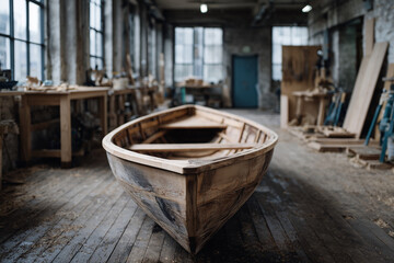 Obraz premium A wooden boat is sitting in a room with wood floors