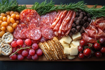 Wooden platt with meat, cheese, grapes, and assorted foods.