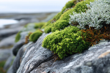 A rock covered in moss and green plants