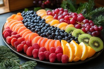 Platt of fruit and berries on table.
