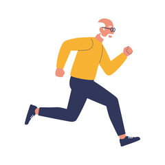 Active senior man with glasses and headphones running energetically outdoors in a vibrant yellow shirt and dark pants
