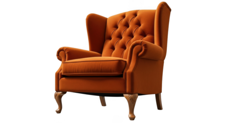 Luxurious tufted orange wingback armchair with carved wooden legs elegant accent seating