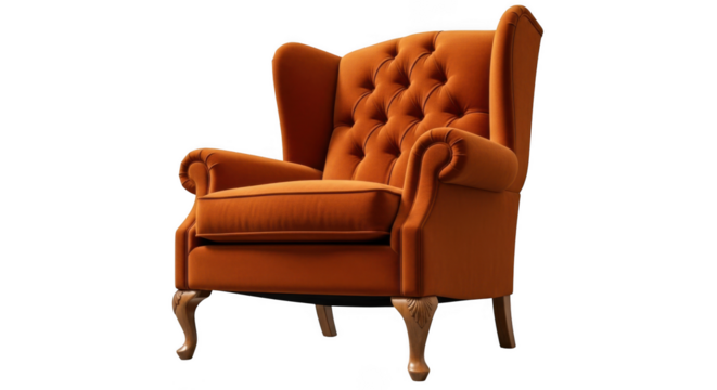 Luxurious tufted orange wingback armchair with carved wooden legs elegant accent seating