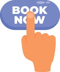 Cartoon hand is pressing a purple button with the words book now for making online booking or reservation