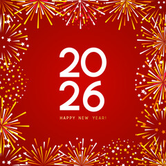 New Year 2026 greeting card design with color firework on red background 2