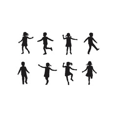 Collection of diverse children silhouettes in various playful active poses demonstrating childhood joy and energetic movement against a white background
