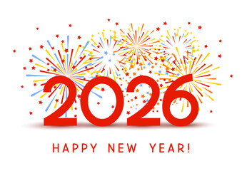 New Year 2026 greeting card design with color firework on white background