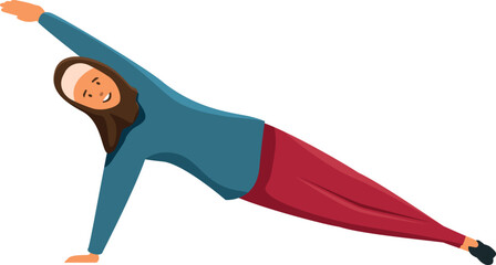 Young muslim woman practicing yoga side plank pose, promoting healthy lifestyle, fitness, and wellbeing