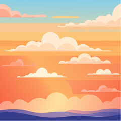 Sunset over ocean with clouds and sun