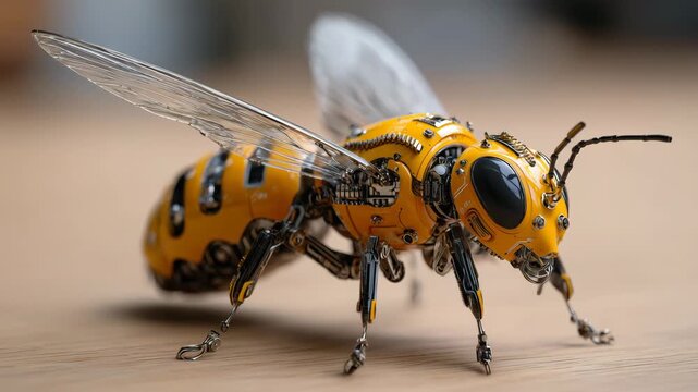 Realistic Robotic Bee on Petal Close Up Macro Shot with Cybernetic Detail
