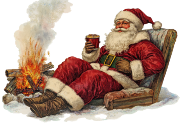 Santa enjoys a cozy evening by the fire while sipping hot cocoa, surrounded by warmth and holiday cheer during the festive season