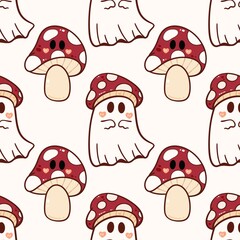 Cute Ghost Seamless Pattern with Mushroom hat, Halloween Kawaii Illustration