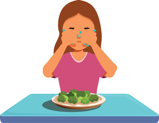 Little girl refusing to eat broccoli covering her face with hands, expressing disgust for healthy food